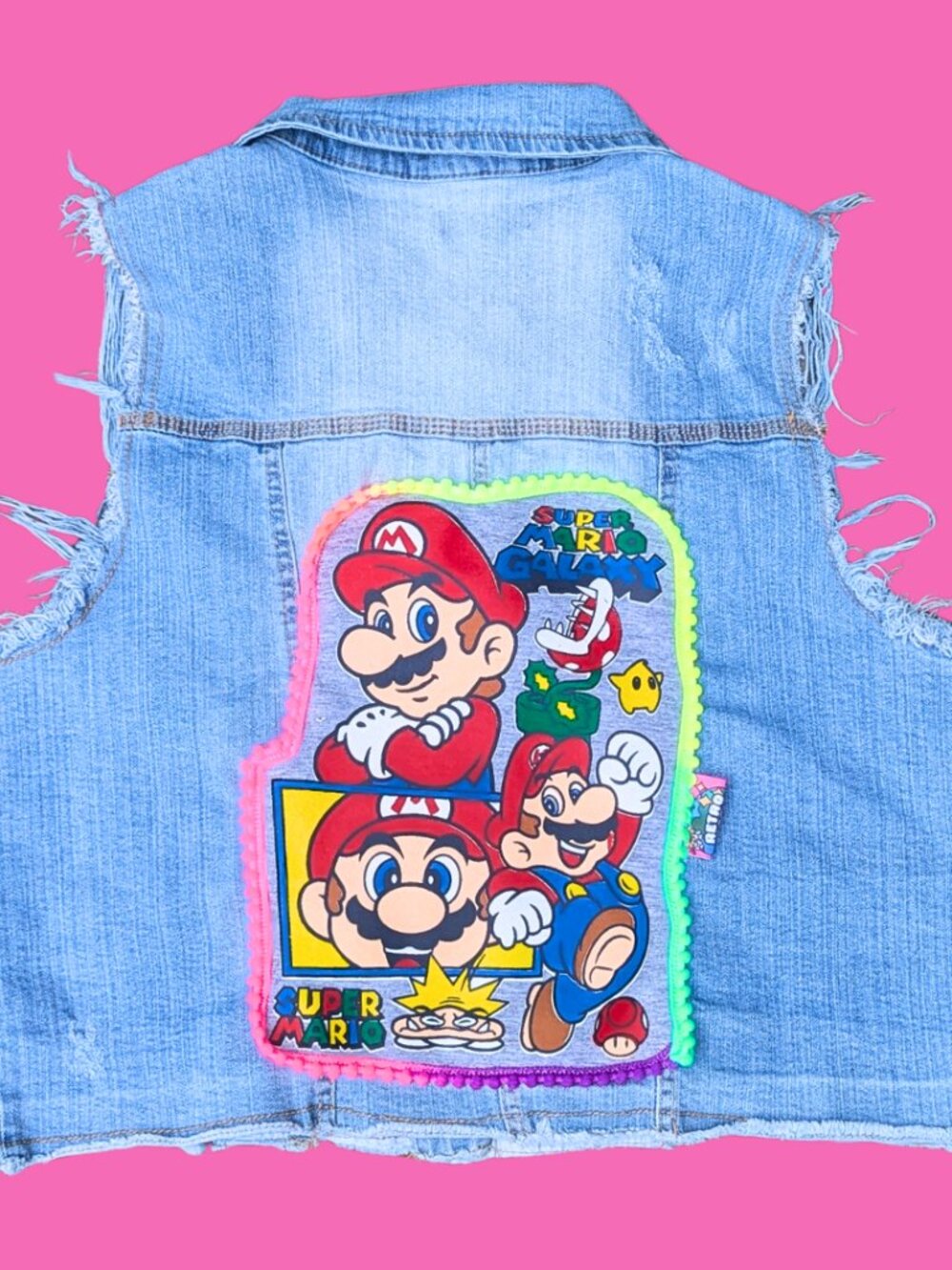 Super Mario Galaxy Upcycled T-Shirt Sleeveless Denim Jacket Size XL (smaller fit
